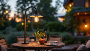 A photograph of a beautifully lit outdoor setting featuring a stylish architectural gooseneck light and a rustic barn light