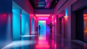 A photograph of a beautifully designed architectural space featuring vibrant rgb lighting fixtures