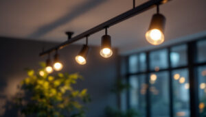 A photograph of a modern interior space featuring sleek architectural track lighting in action