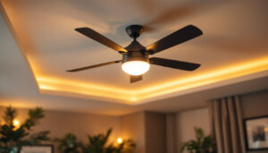 A photograph of a stylish ceiling fan in a well-lit room