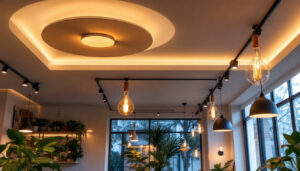 A photograph of a well-designed interior space featuring stylish ceiling lights