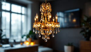 A photograph of a beautifully designed chandelier illuminated in a stylish interior setting