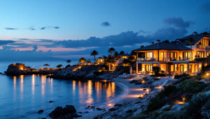 A photograph of a beautifully illuminated coastal setting at dusk