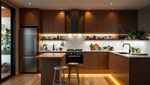 A photograph of a beautifully designed kitchen featuring sleek under cabinet lighting that highlights the countertops and creates a warm ambiance