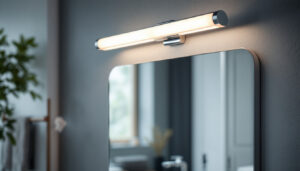 A photograph of a beautifully designed vanity light fixture installed above a stylish bathroom mirror