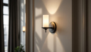 A photograph of a beautifully designed wall sconce installed in an elegant interior setting