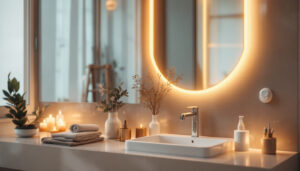 A photograph of a beautifully illuminated led mirror in a stylish bathroom setting