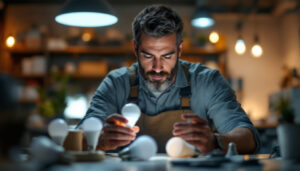 A photograph of a lighting contractor examining various led light bulbs in a well-lit workspace