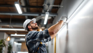 A photograph of a lighting contractor installing led tube lights in a modern commercial space