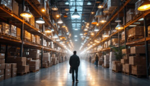 A photograph of a bustling warehouse filled with suspended lights in various styles and sizes