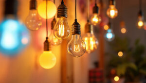 A photograph of a well-lit interior space featuring an array of decorative led bulbs in various styles and colors