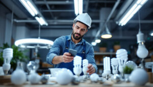 A photograph of a lighting contractor examining a variety of fluorescent light bulbs in a well-lit workspace