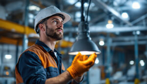 A photograph of a lighting contractor examining or installing a metal halide lamp in a commercial or industrial setting