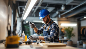 A photograph of a lighting contractor installing an led magnetic strip retrofit kit in a commercial space