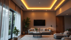 A photograph of a lighting contractor installing led strip light retrofit kits in a modern residential space