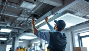 A photograph of a lighting contractor installing an led troffer retrofit kit in a commercial space