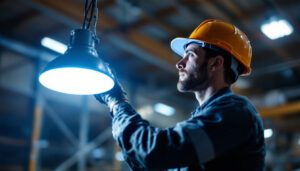 A photograph of a lighting contractor installing a high bay led retrofit kit in a commercial warehouse setting