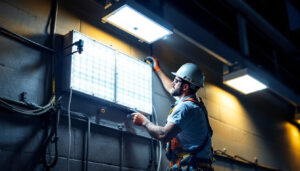 A photograph of a lighting contractor installing an led wall pack retrofit on a commercial building