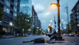 A photograph of a lighting contractor installing an led street light retrofit kit on a city street