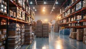 A photograph of a warehouse filled with stacks of emergency exit lights