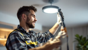 A photograph of a lighting contractor installing a recessed led retrofit kit in a modern home setting