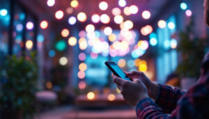 A photograph of a lighting contractor using a smartphone or tablet to remotely control a vibrant array of smart lights in a modern setting