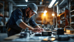 A photograph of a skilled lighting contractor inspecting and installing various ballasts and drivers in a well-lit workspace