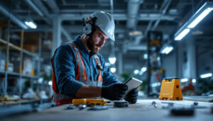 A photograph of a lighting contractor inspecting or installing an emergency ballast in a commercial setting