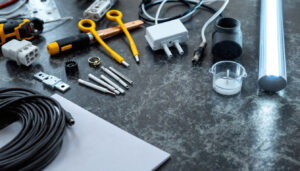 A photograph of a well-organized workspace featuring various electrical supplies