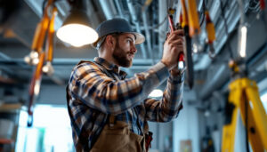 A photograph of a lighting contractor in action