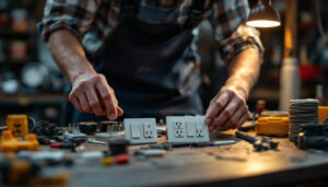 A photograph of a skilled lighting contractor examining a variety of switches and receptacles on a workbench