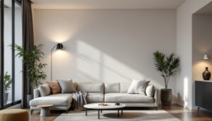 A photograph of a modern living room featuring smart lighting systems in action