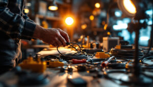 A photograph of a professional lighting contractor examining various electrical power cords in a well-lit workspace