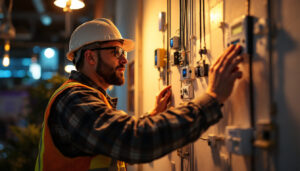 A photograph of a lighting contractor expertly installing or adjusting various sensors and timers in a well-lit environment