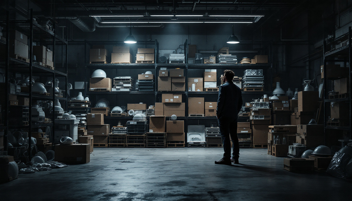 A photograph of a dimly lit industrial space with stark contrasts