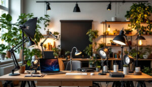 A photograph of a well-lit workspace featuring a variety of gooseneck and barn lights displayed in an inviting manner