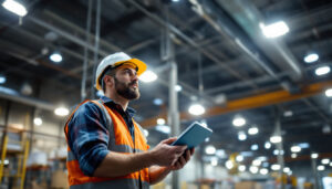 A photograph of a lighting contractor installing a high bay occupancy sensor in a large industrial space