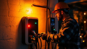 A photograph of a lighting contractor installing an electric vehicle charger in a residential garage