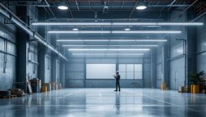 A photograph of a well-lit industrial space showcasing a linear high bay lighting installation