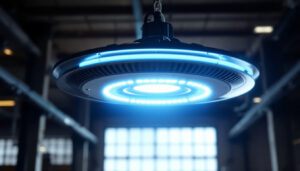 A photograph of capture a photograph of a round ufo high bay light installed in a commercial or industrial setting