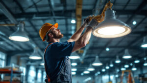 A photograph of a lighting contractor expertly installing or adjusting high bay led lights in a spacious industrial setting