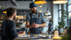 A photograph of a skilled lighting contractor assessing a commercial space