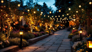 A photograph of a beautifully illuminated outdoor space at dusk