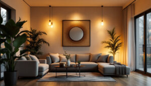 A photograph of a well-lit residential living space showcasing a variety of stylish lighting fixtures