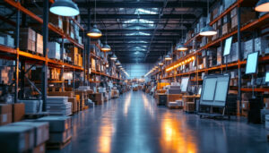 A photograph of a bustling warehouse filled with various lighting fixtures