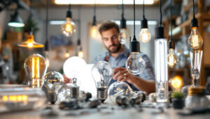 A photograph of a well-lit workspace featuring a variety of light bulbs and led tubes