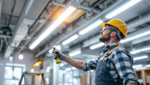 A photograph of a lighting contractor installing an led retrofit lighting kit in a commercial space