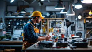 A photograph of a lighting contractor examining various electrical supplies and controls in a well-organized workspace