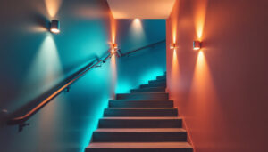 A photograph of a well-lit stairway and corridor featuring modern lighting fixtures