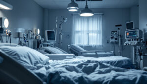 A photograph of a hospital setting with a focus on a poorly lit patient room